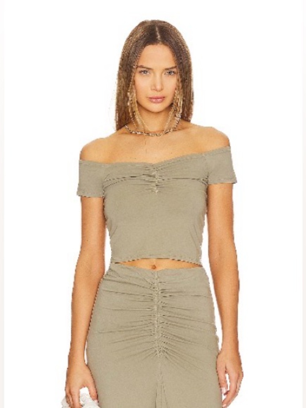 bobi Olive Off-Shoulder Ruched Crop Top
